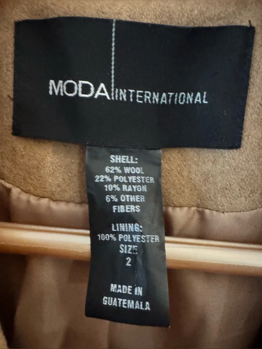 MODA International Wool-Blend Double-Breasted Camel Coat Size 2